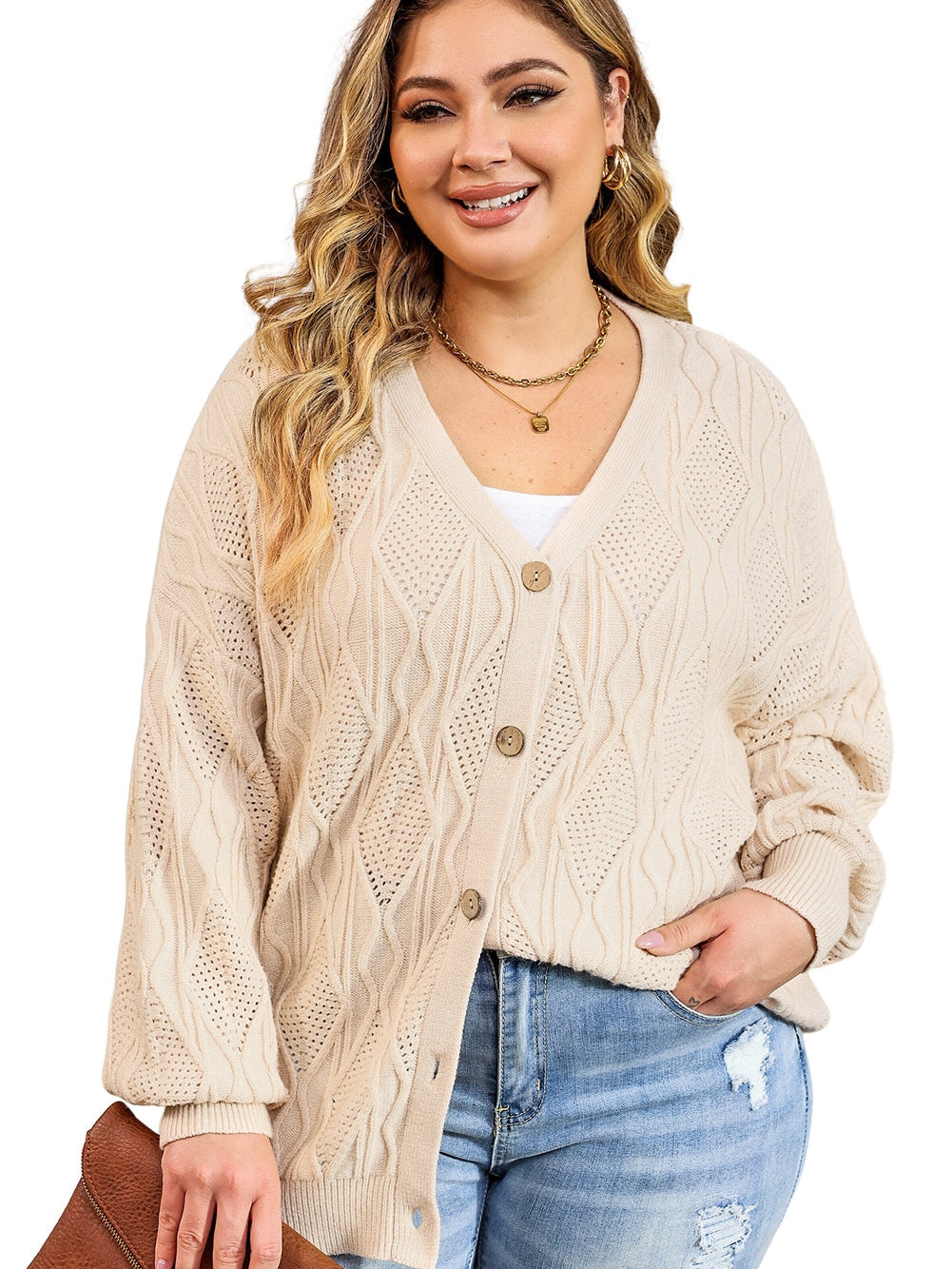 Elegant Apricot V-Neck Oversized Knit Cardigan with Button Detail
