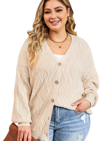Elegant Apricot V-Neck Oversized Knit Cardigan with Button Detail