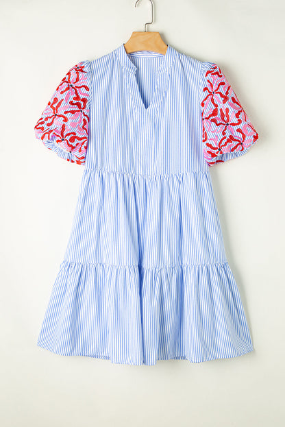 Sky Blue Stripe Contrast Floral Puff Sleeve Tiered Ruffle Dress