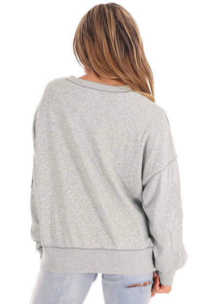 Light Grey Plus Size Thread Embroidered Drop Shoulder Round Neck Sweatshirt