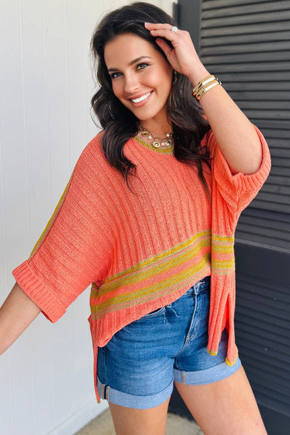 Fresh Salmon Striped V Neck Dolman Sleeve Rib Knit Oversized Sweater with Slits