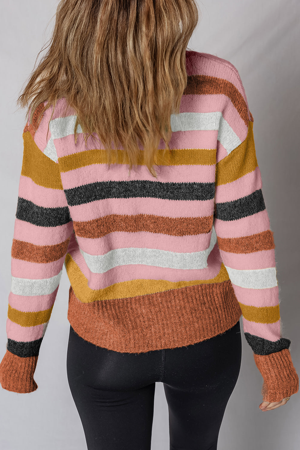 Pink Stripe Drop Shoulder Crew Neck Sweater