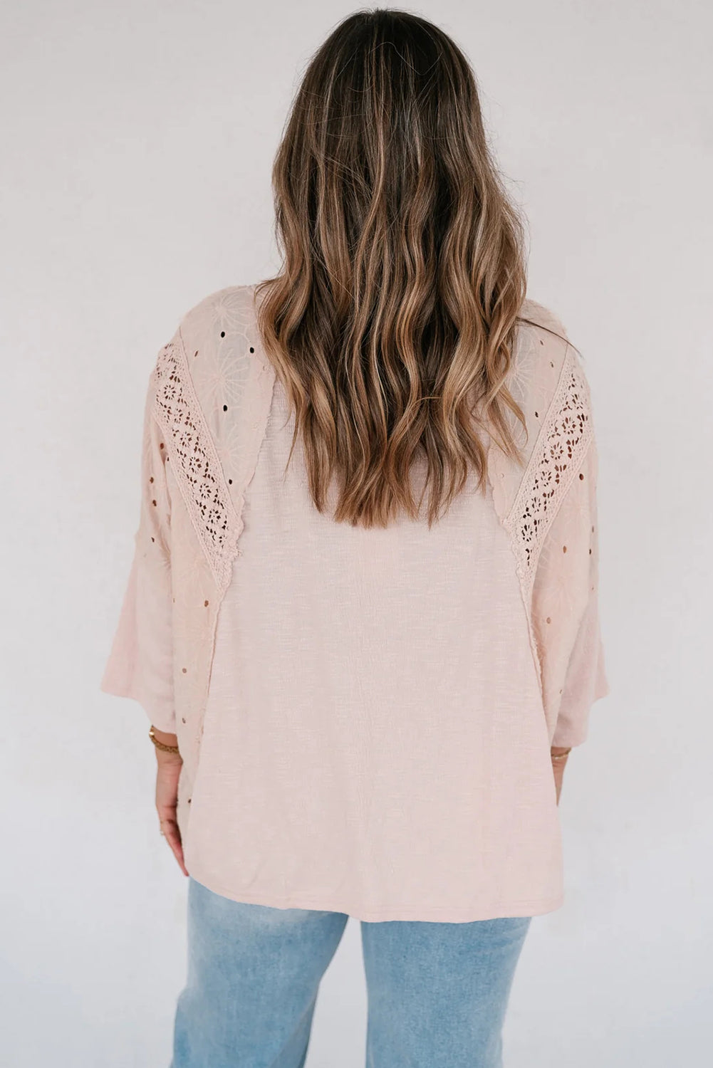 Apricot Pink Floral Lace Eyelet Patchwork Bracelet Sleeve T Shirt