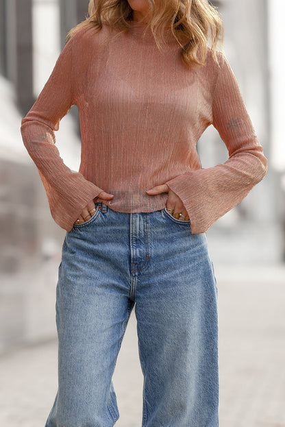 Clay Semi Sheer Textured Mock Neck Long Sleeve Top