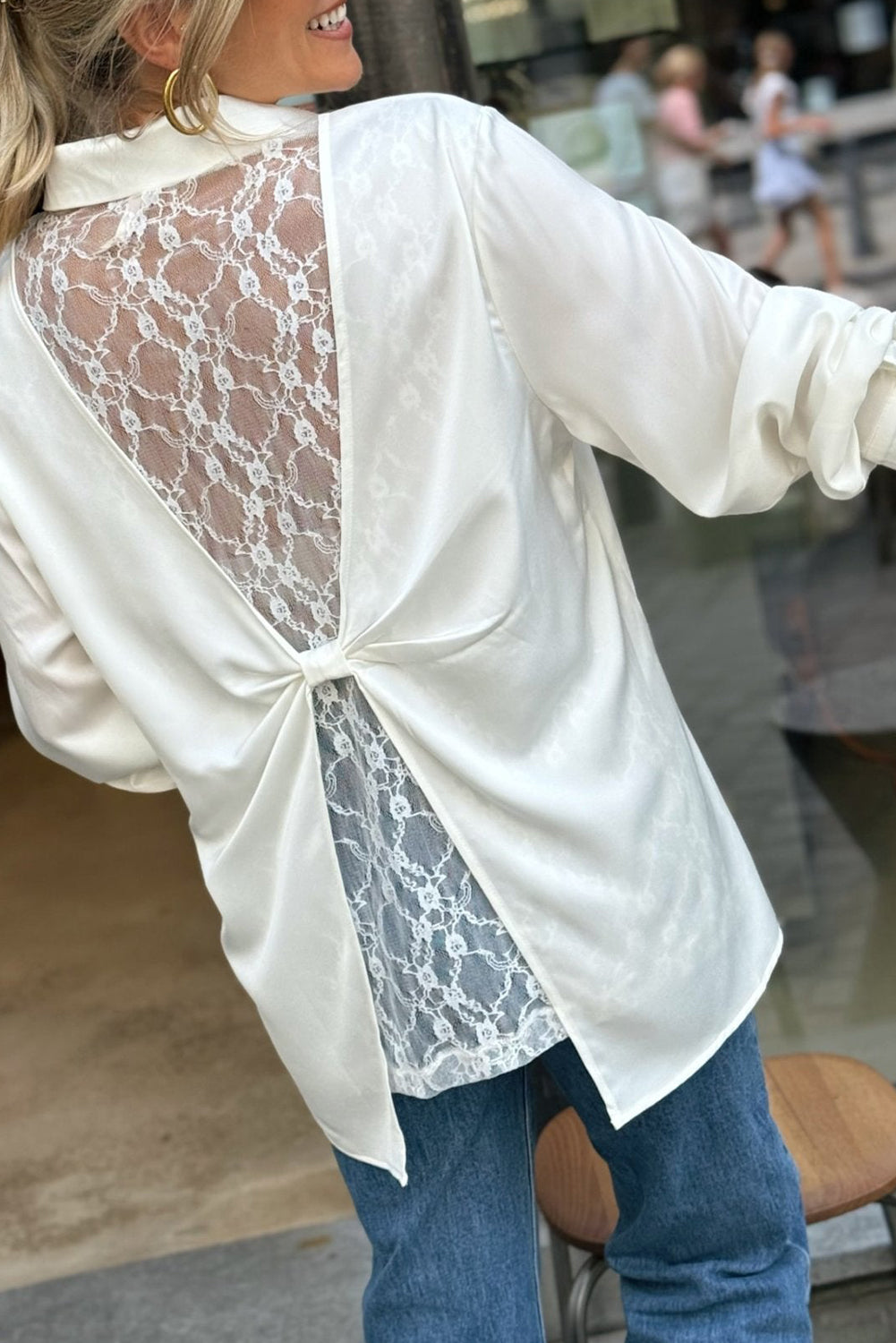 White Single Chest Pocket Lace Splicing Knot Open Back Tunic Shirt