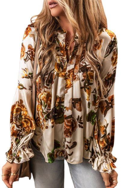 Apricot Feminine Floral V-Neck Ruffle Sleeve Blouse