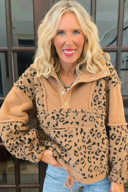 Khaki Sherpa Leopard Color Block Patchwork Cozy Pullover Sweatshirt