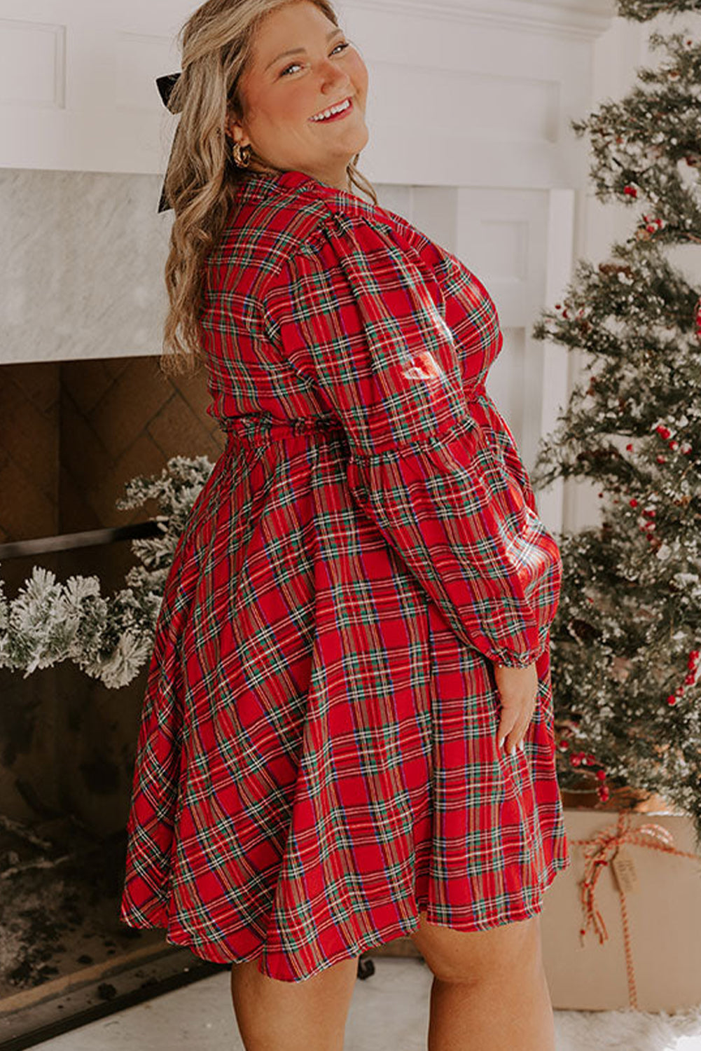 Red Plus Size Plaid Half Button Long Sleeve Holiday Dress