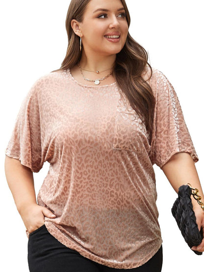 Plus Size Khaki Leopard Print V-Neck T-shirt