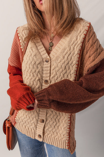 Light French Beige Color Block Mixed Texture Patchwork Button V Neck Sweater Cardigan