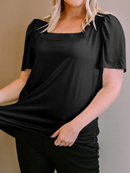 Black Plus Size Square Neck Ruched Shoulder Short Sleeve Top