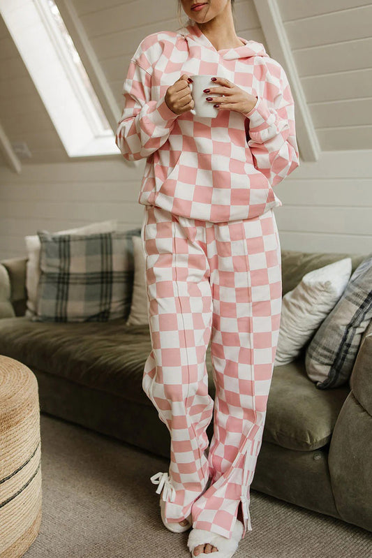 Pink Checkered Print Hoodie Side Stripe Bow Knot Pants 2pcs Set