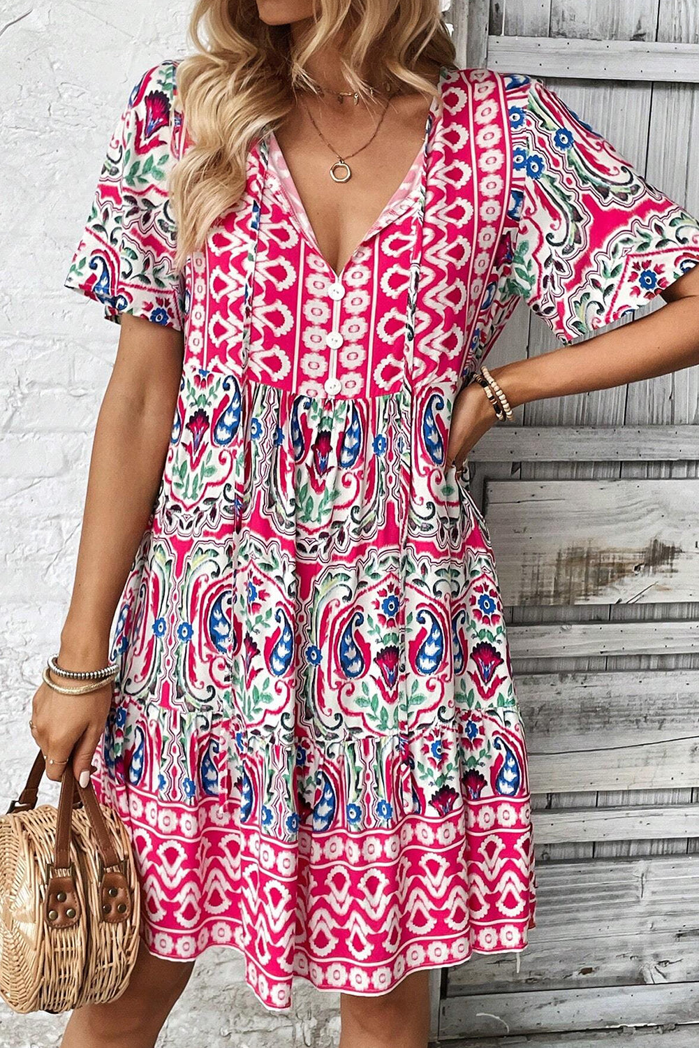 Bohemian V-Neck Short Sleeve Mini Dress