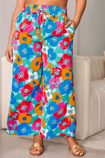 Vibrant Floral Print Plus Size Wide Leg Trousers