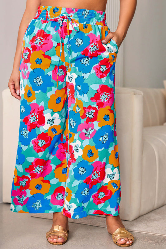 Vibrant Floral Print Plus Size Wide Leg Trousers