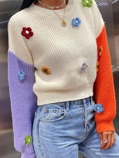 Floral Patchwork Drop Shoulder Knit Sweater with Colorblock Design