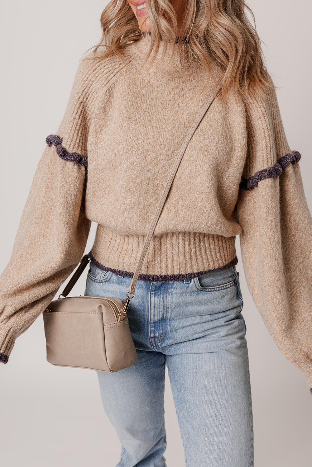 Smoke Gray Ribbed Texture Mixed Contrast Trim High Neck Drop Shoulder Sweater