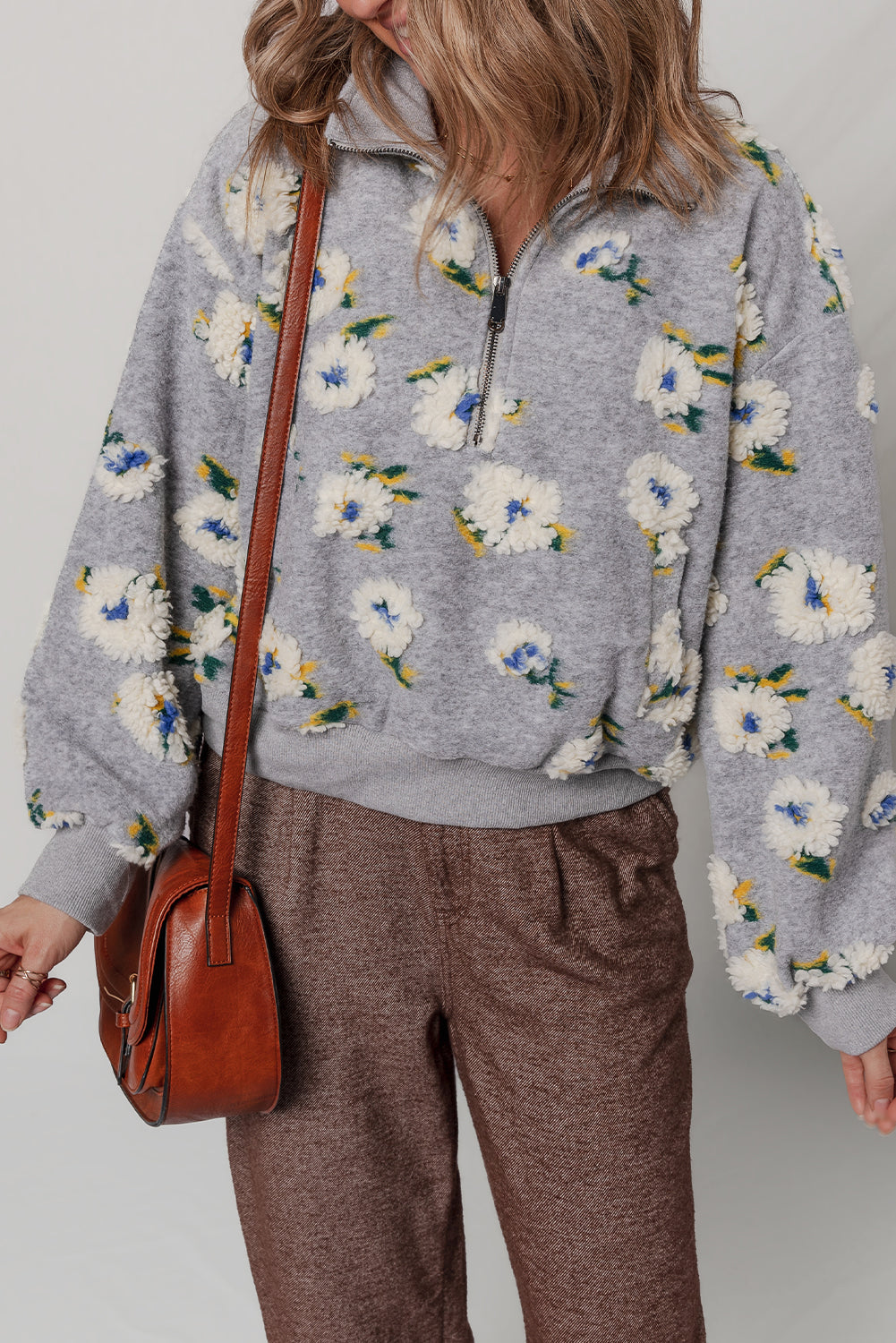 Sleet Plush Flower Pattern Zip Collar Loose Pullover Sweatshirt