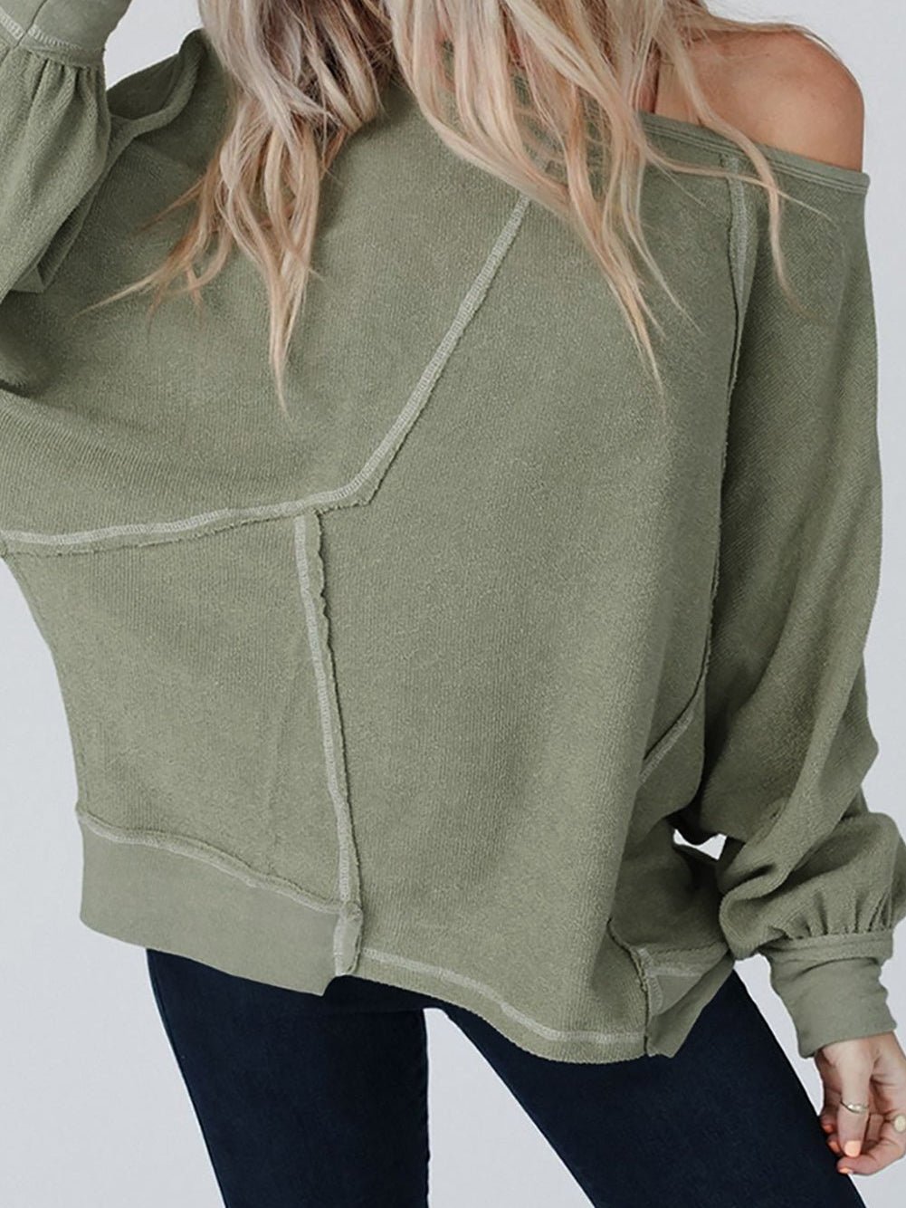 Green Exposed Stitch Detail Dolman Sleeve Patchwork Blouse