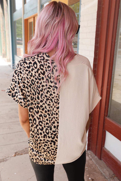 Leopard Stitching Button Long Sleeve Blouse