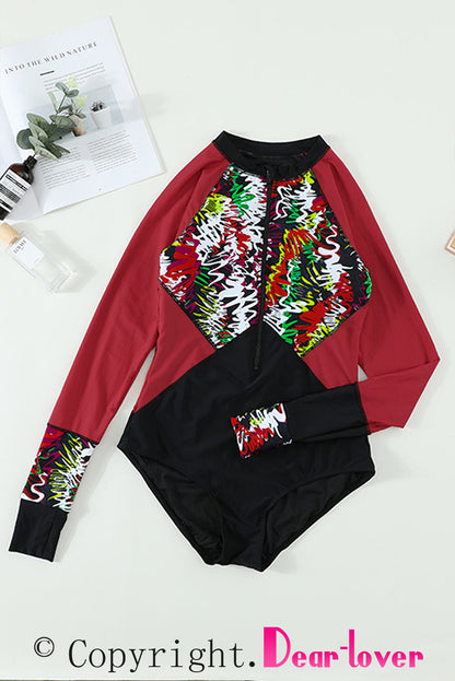 Flaming Red Blossom Striped Patchwork Rashguard One-piece Swimwear