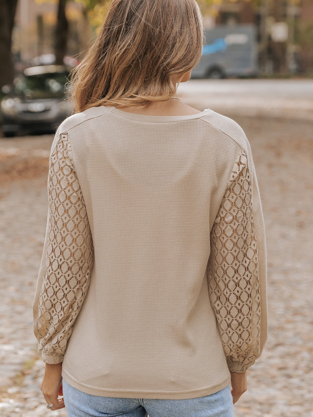 Elegant Khaki Lace Patch Waffle Knit Blouse