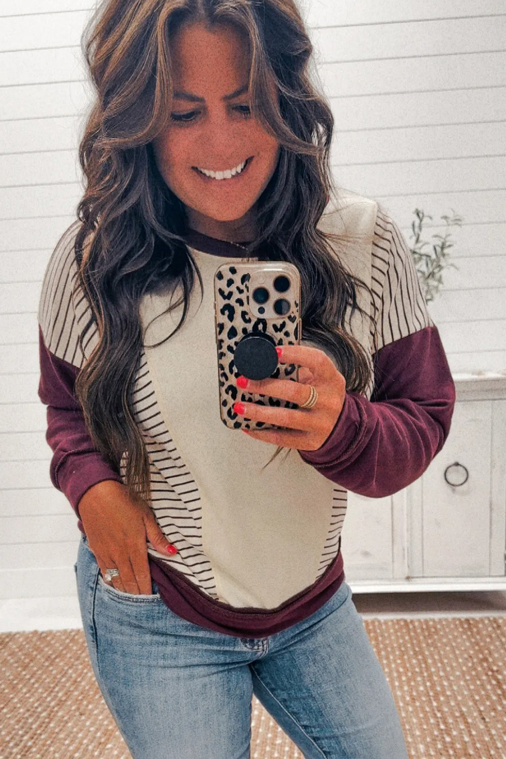 Burgundy Color Block Striped Patchwork Long Sleeve Top