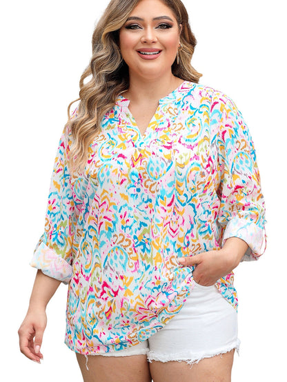 Geometric Print Plus Size V-Neck Blouse in Multicolor Shift Style