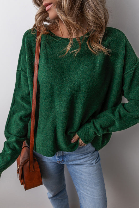 Blackish Green Plain Drop Sleeve Crew Neck Loose Sweater