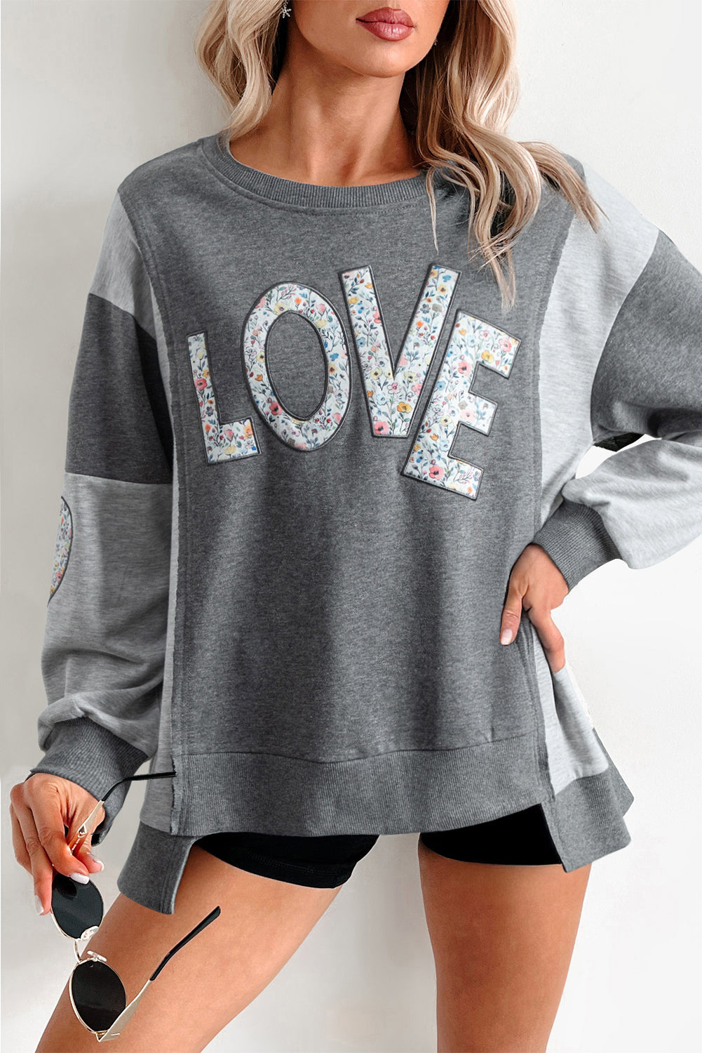 Dark Grey LOVE Graphic Exposed Seam Patchwork Uneven Hem Chic Sweatshirt