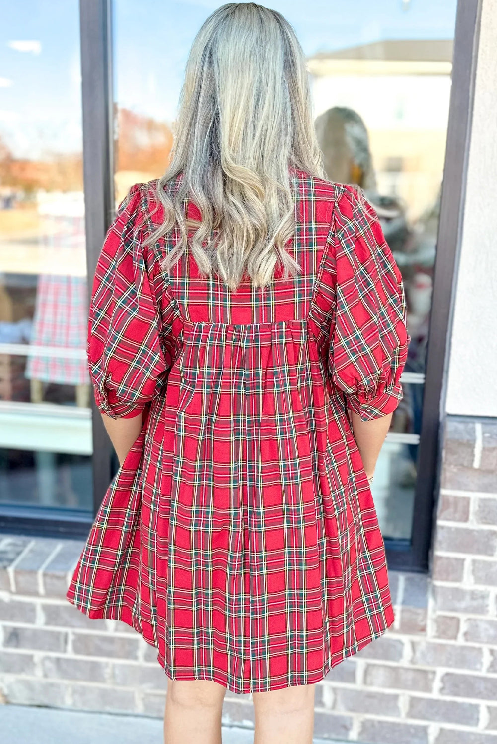 Red Holiday Plaid Split Neck Puff Sleeve Mini Dress