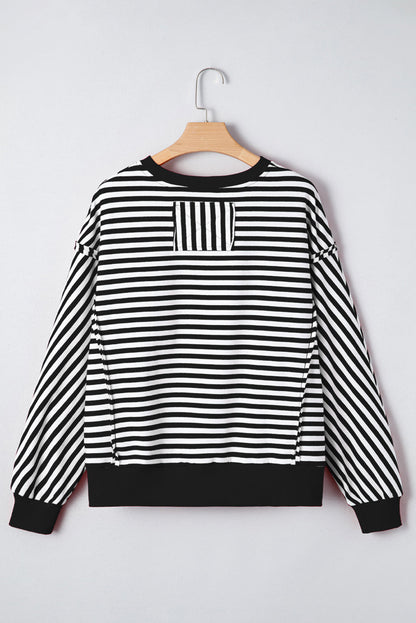 Black Stripe Exposed Seam Drop Shoulder Casual Pullover Top