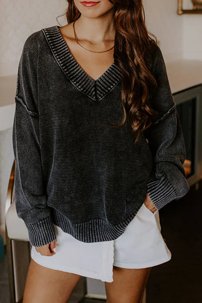 Black Mineral Wash V Neck Knit Exposed Seam Drop Shoulder Loose Sweater