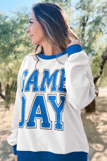 White GAME DAY Letter Graphic Varsity Striped Detail Baggy Sweatshirt