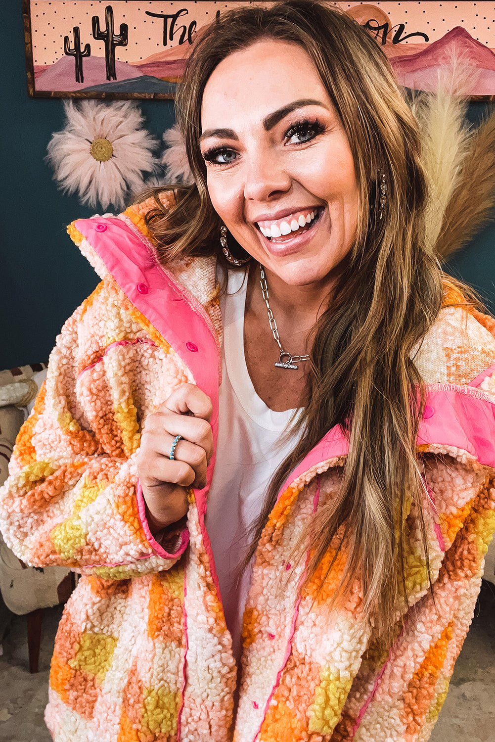 Orange Checkered Sherpa Contrast Trim Hooded Jacket