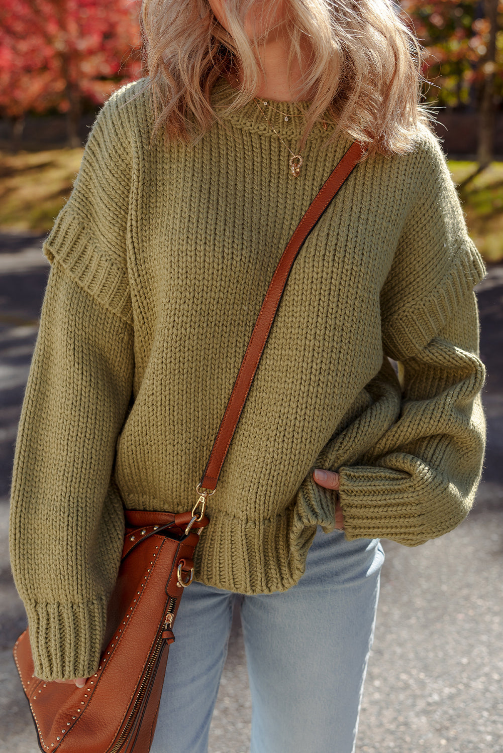 Guacamole Green Solid Color Ruffled Chunky Loose Sweater