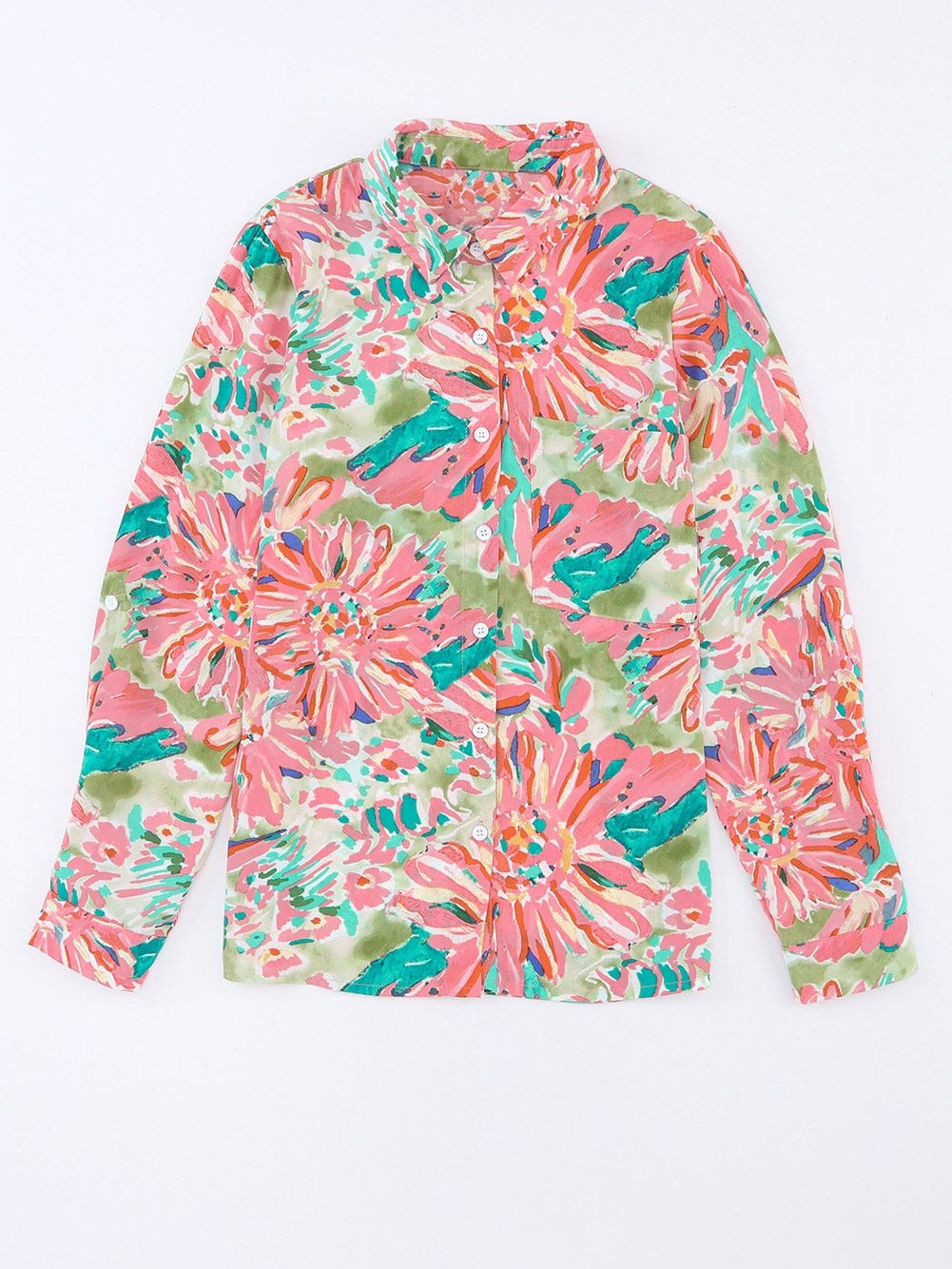 Green Abstract Floral Print Collared Sheath Blouse with Long Sleeves