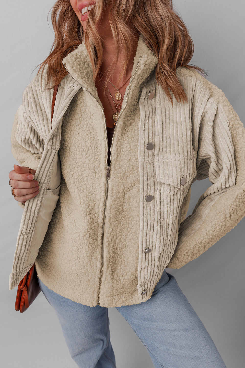 Parchment Zip Up Stand Collar Corduroy Sherpa Patchwork Jacket