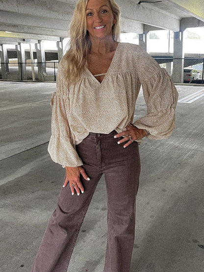 Khaki Leopard Print V Neck Bubble Sleeve Blouse