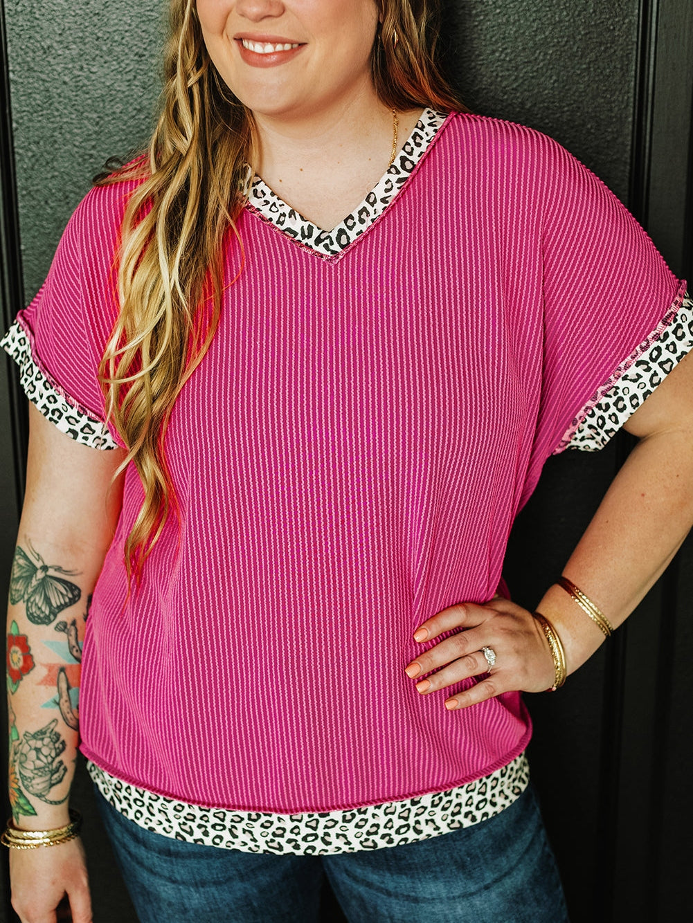 Rose Red Leopard Trim V Neck Short Sleeve Plus Size Corded Top