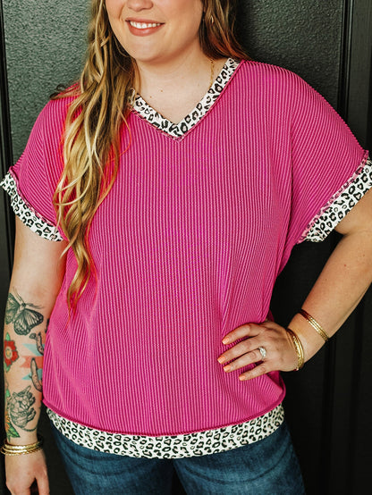 Rose Red Leopard Trim V Neck Short Sleeve Plus Size Corded Top