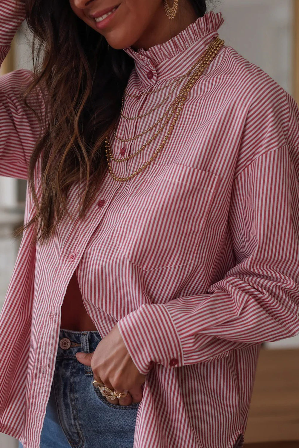 Pink Stripe Frilled Collar Button Down Single Chest Pocket Loose Shirt