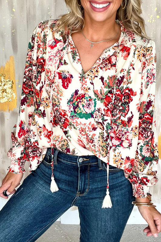 Red Floral Print Tassel Tie V Neck Smocked Detail Long Sleeve Blouse