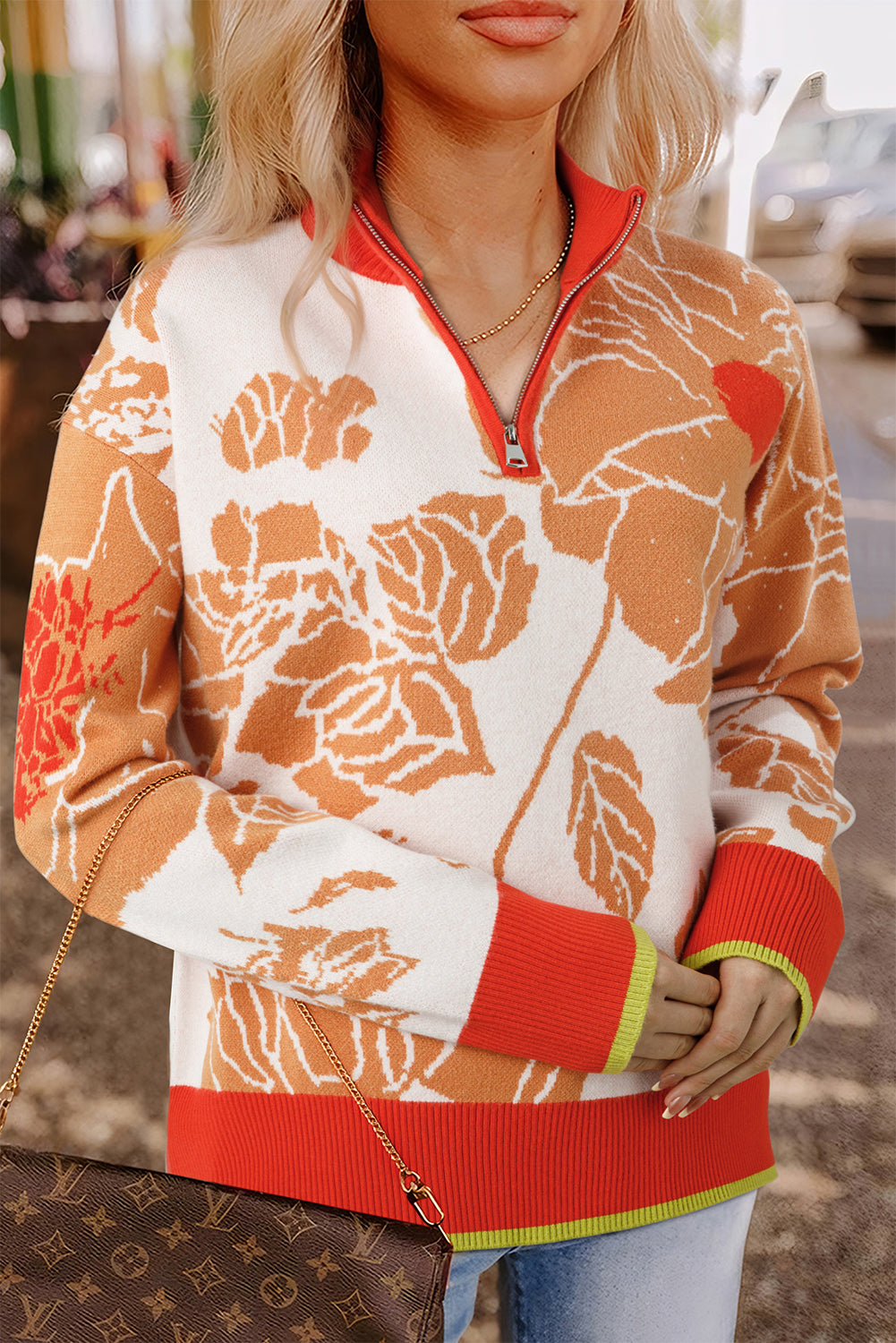 Khaki Floral Half Zip Collared Pullover Sweater