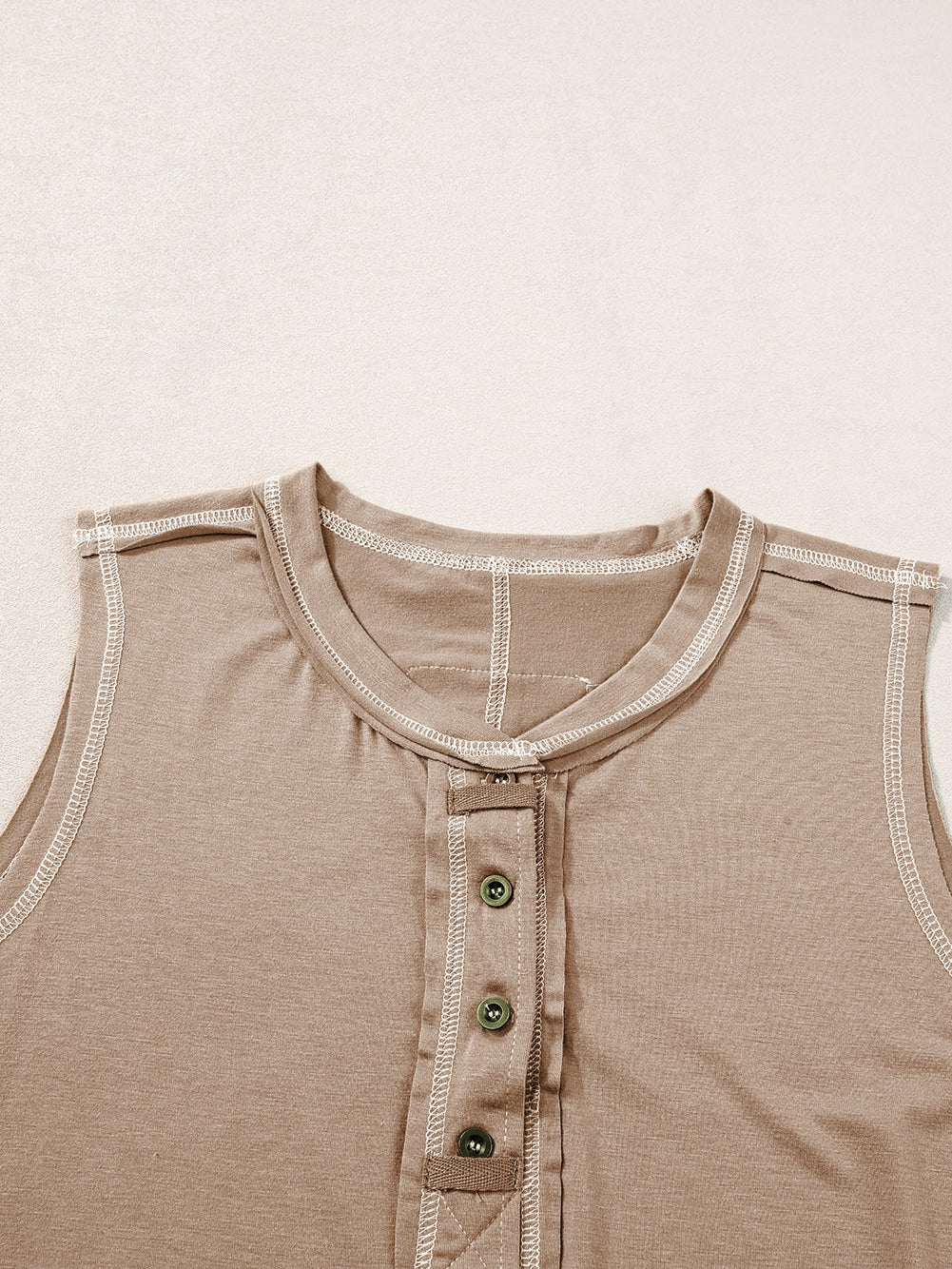 French Beige Henley Tank Top with Chic Contrast Stitching