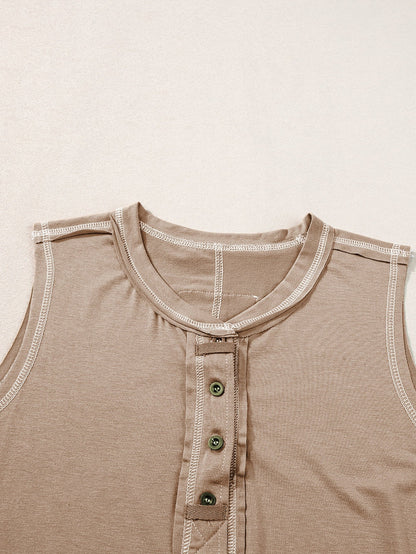 French Beige Henley Tank Top with Chic Contrast Stitching