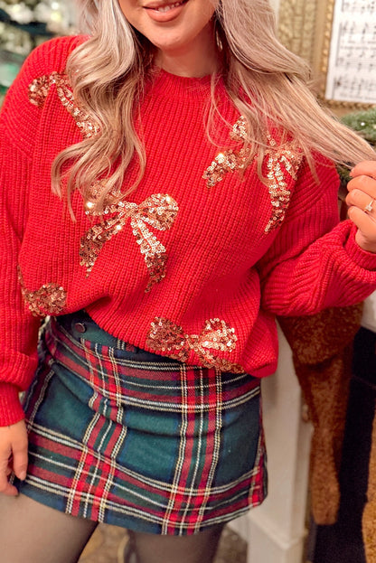 Fiery Red Sequin Bow Accent Drop Shoulder Festive Sweater