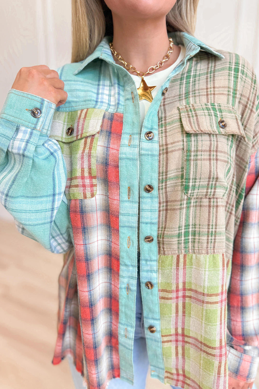 Green Mixed Plaid Patchwork Button Down Flannel Shacket