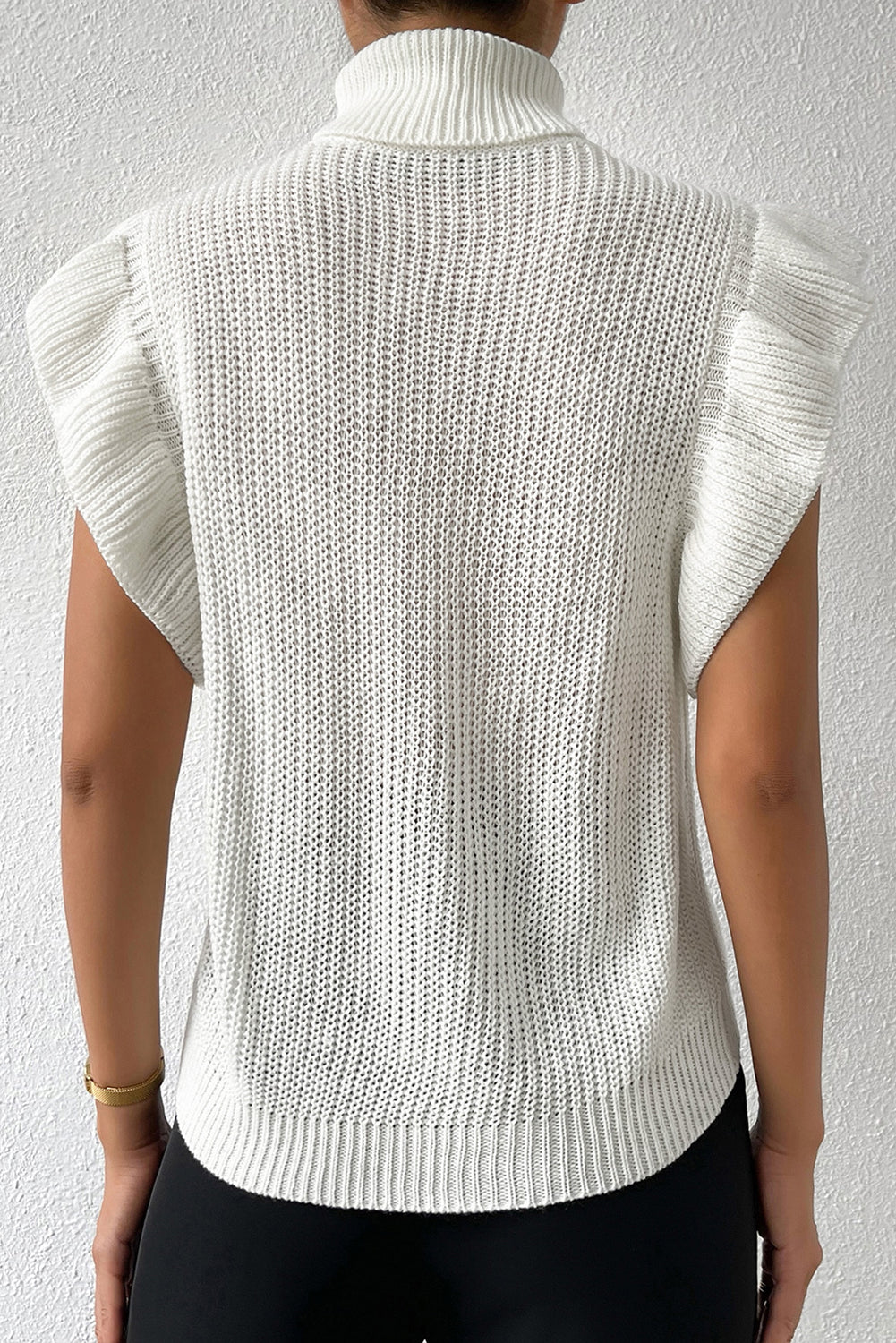 Elegant White Cable Knit Ruffle Sleeve Turtleneck Sweater