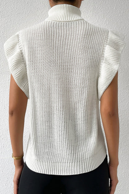Elegant White Cable Knit Ruffle Sleeve Turtleneck Sweater